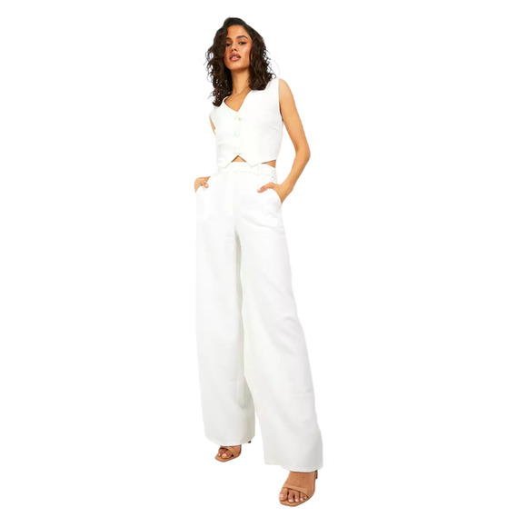 Boohoo Wide Leg Button Detail Trouser Color: Cream, Size 10 - Picture 3 of 7